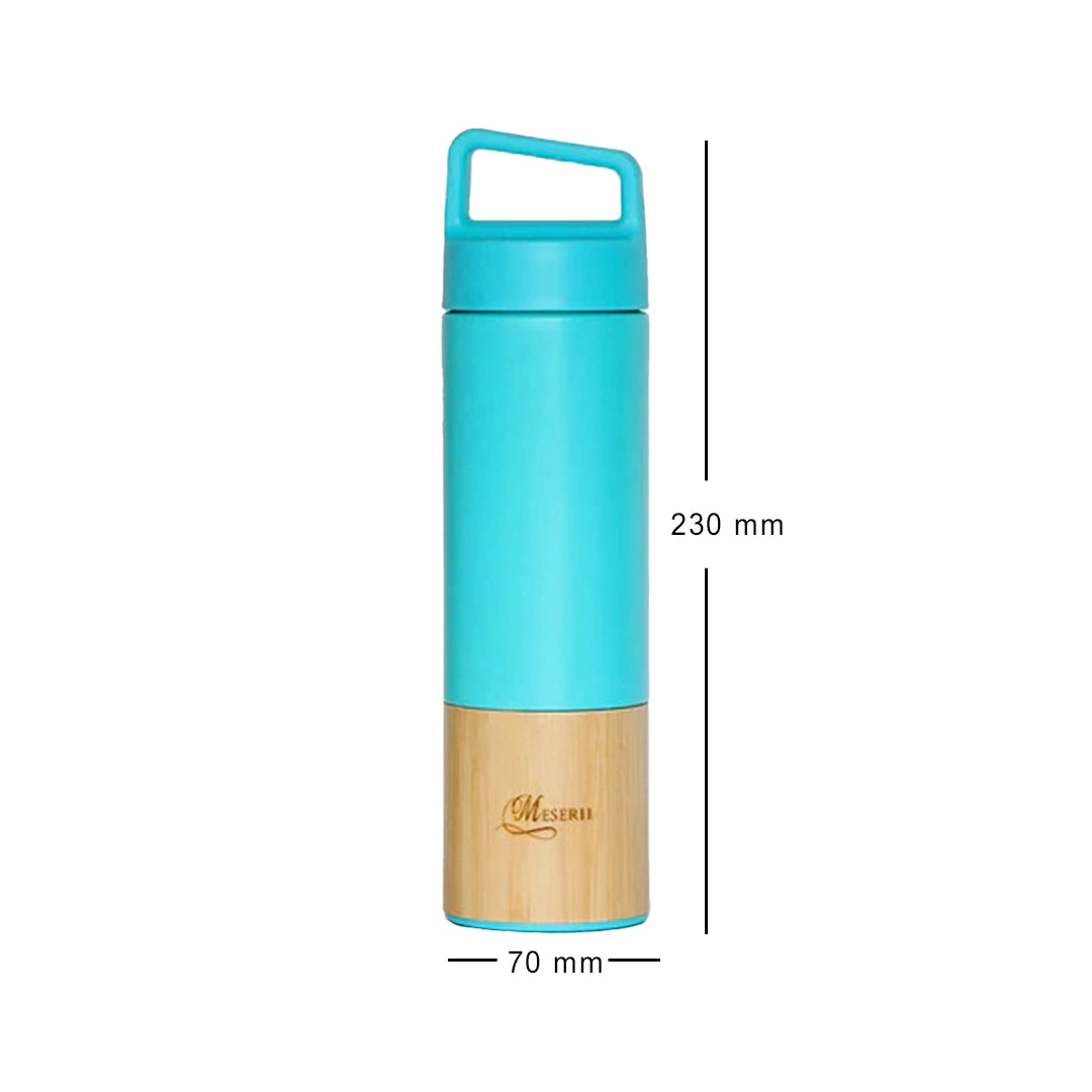 Sleek blue bamboo and stainless steel 500ml flask, maintains beverage temperature efficiently