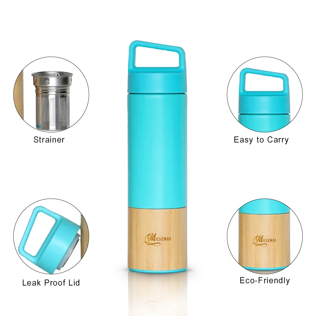 Blue 500ml bamboo flask with temperature retention, eco-friendly hydration solution - meserii.com