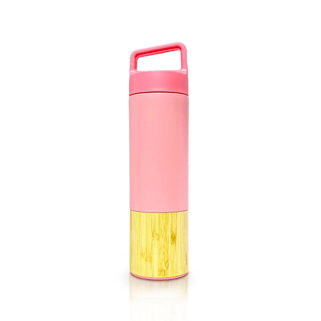 Pink 500ml eco-friendly bamboo flask, keeps drinks hot 12h/cold 24h.