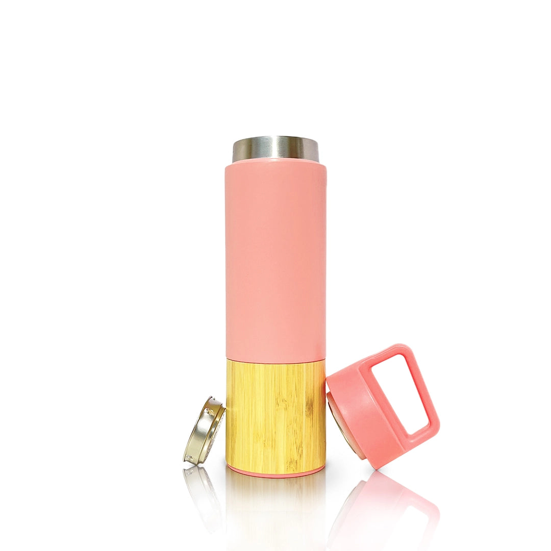 Sustainable pink bamboo and stainless steel 500ml flask, ideal for hydration