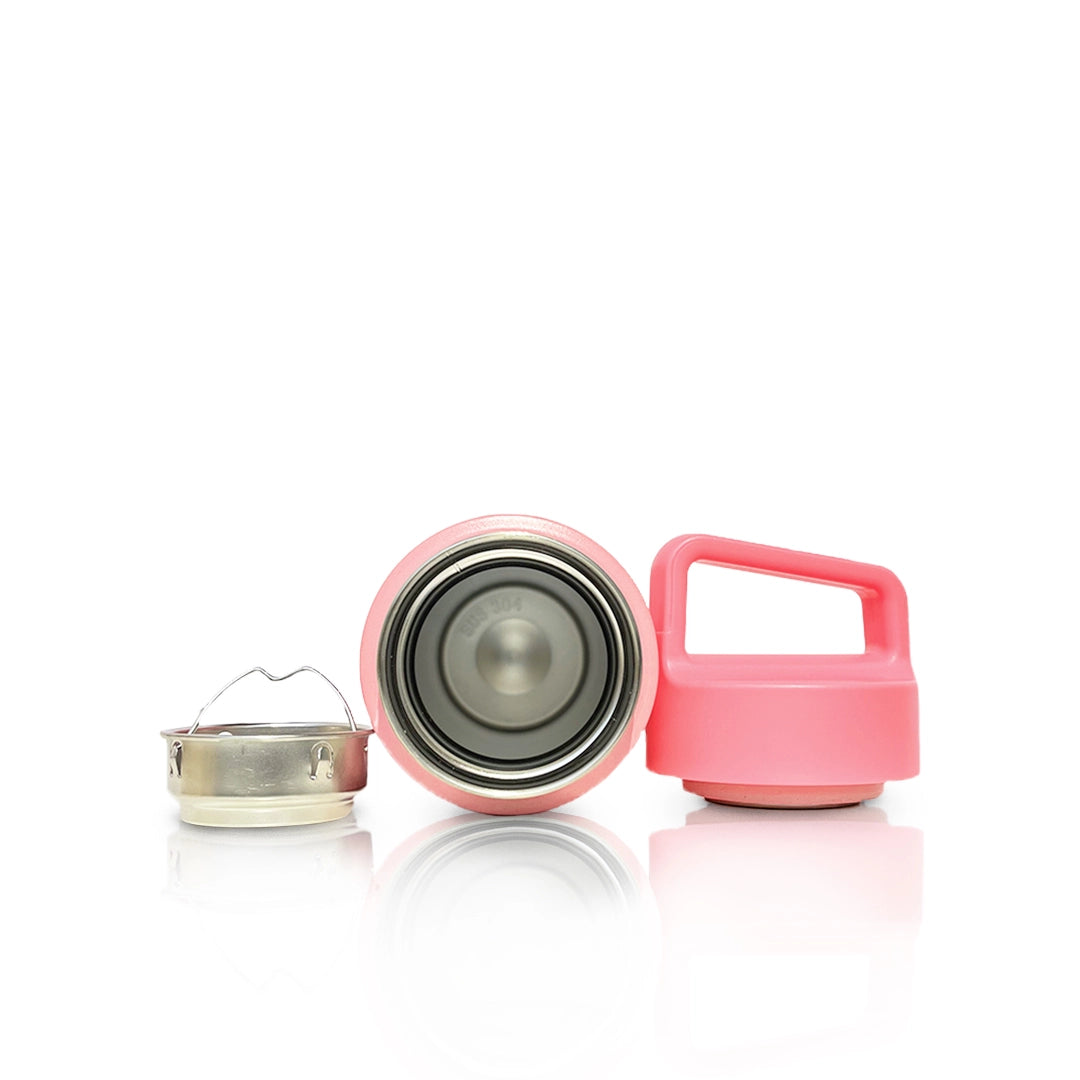 Pink bamboo 500ml flask with stainless steel interior, maintains beverage temperature