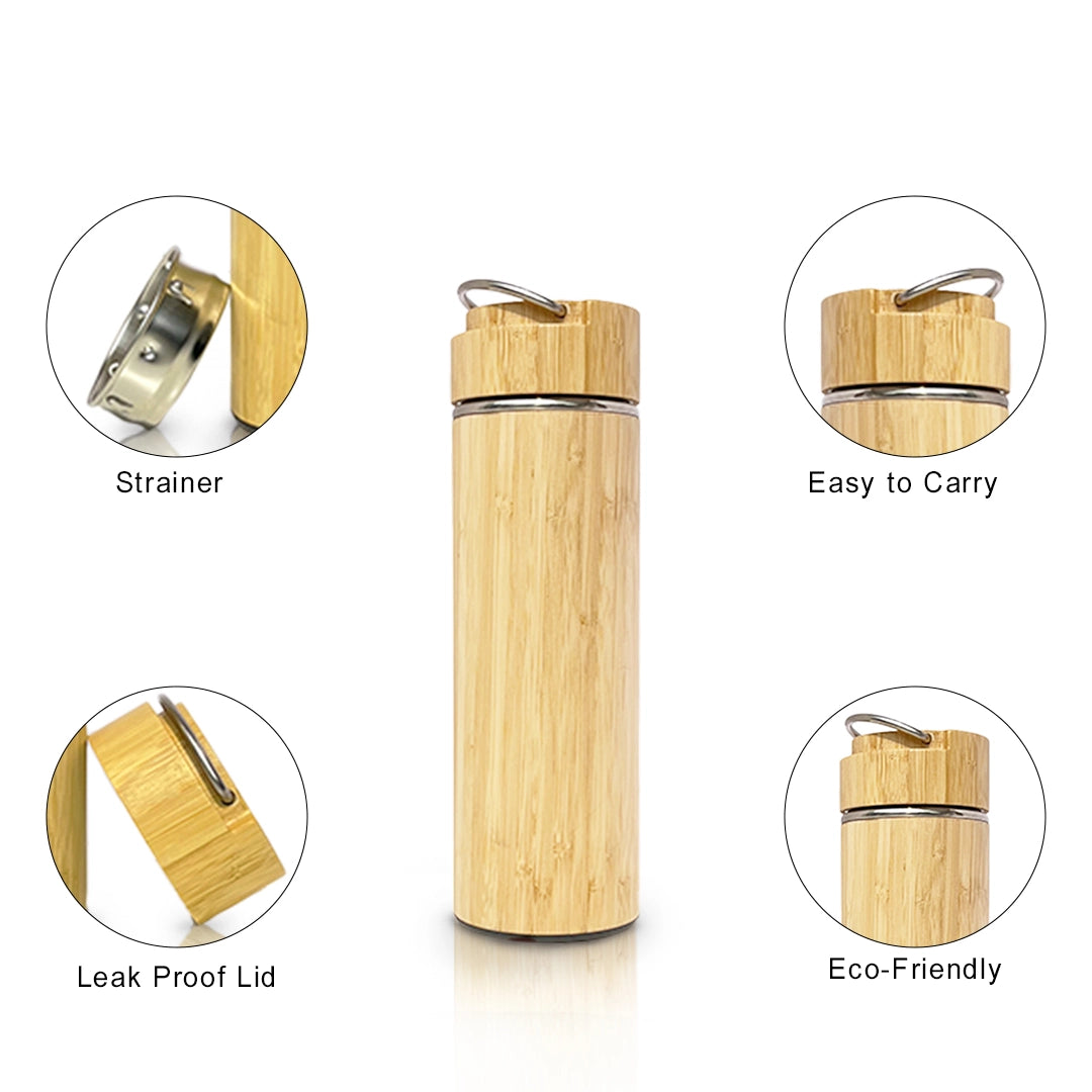 Beige 450ml bamboo thermos, durable for hot and cold beverages
