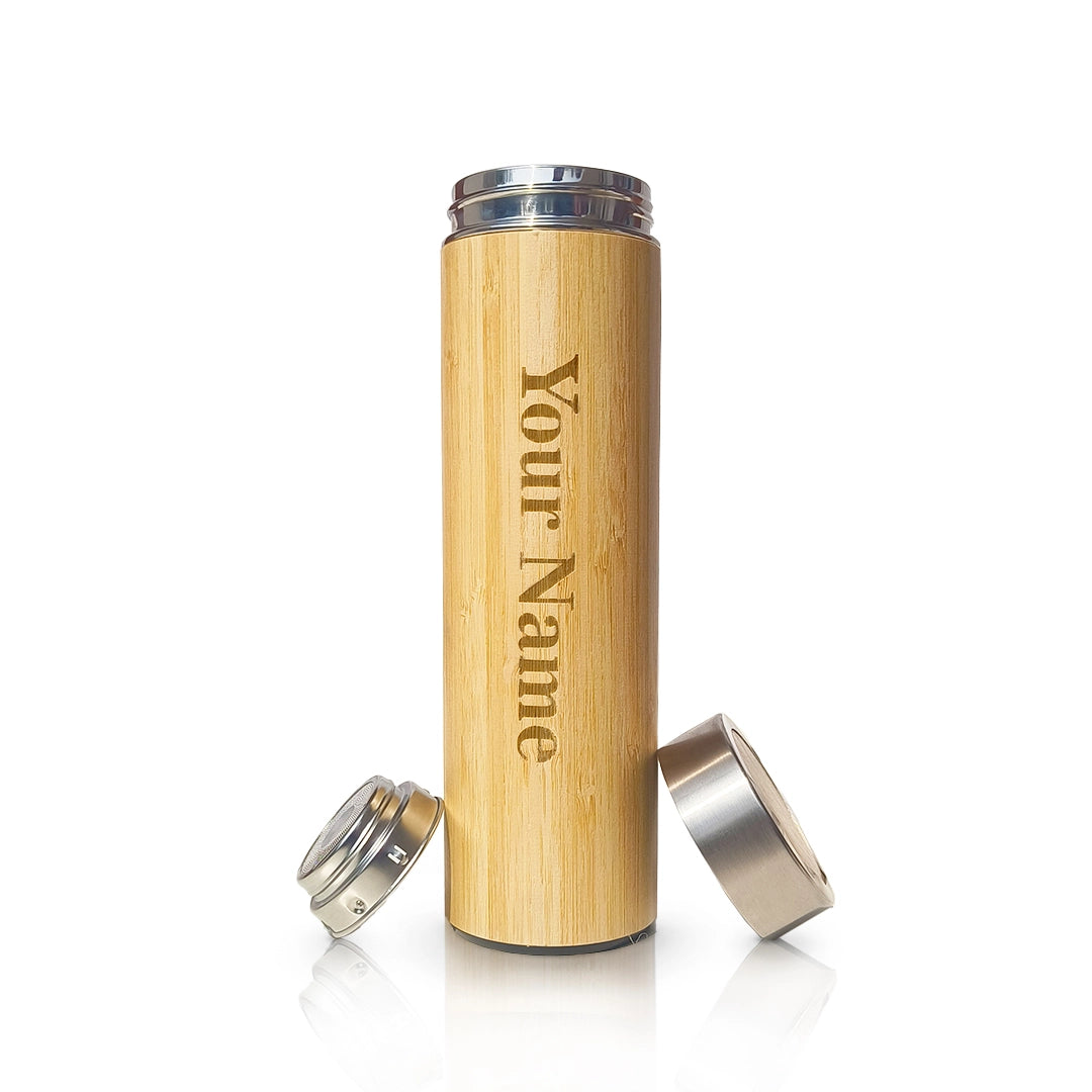 Personalized eco-friendly bamboo and stainless steel bottle, 24cm tall, ideal for hydration on-the-go