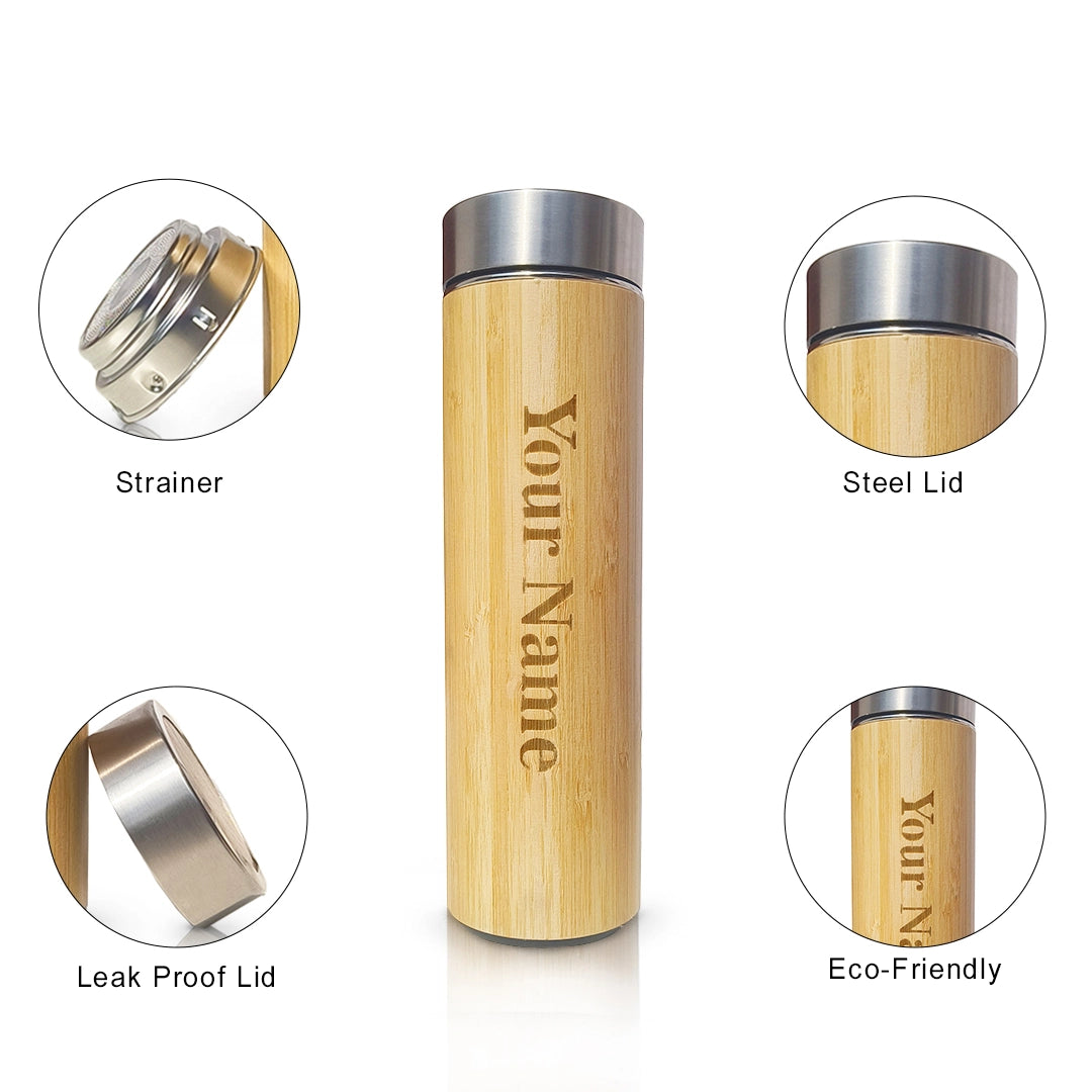 Bespoke bamboo hydration bottle, 24cm x 7cm, stainless steel inside, hot 12h, cold 24h - meserii.com