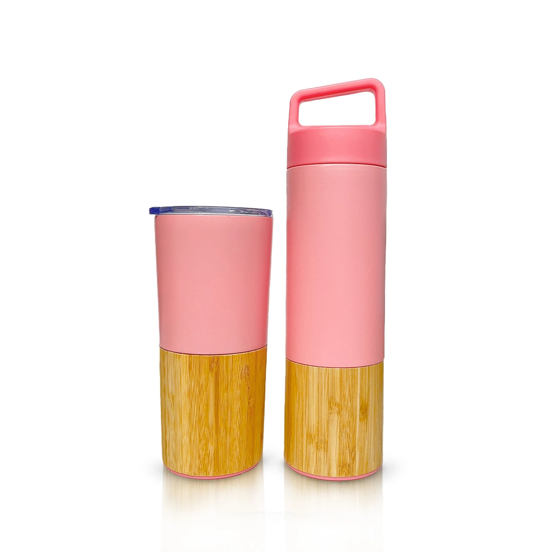 Pink bamboo-stainless steel combo, 500ml bottle & 450ml tumbler, eco-friendly