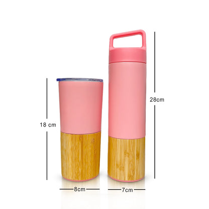 Insulated pink bamboo bottle & tumbler set, keeps drinks, perfect temp