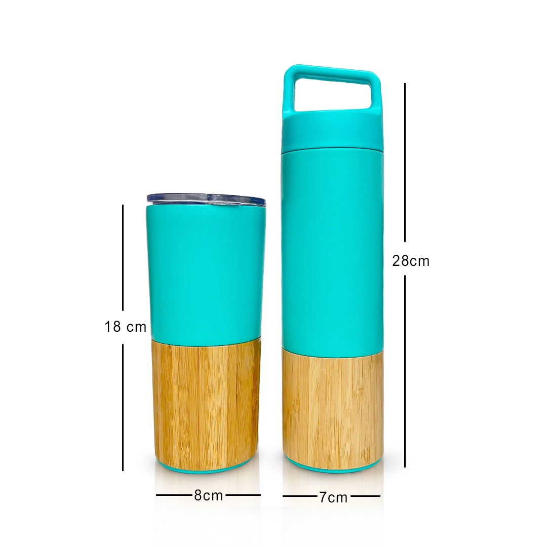 Eco-friendly blue bamboo bottle set, 500ml & 450ml, stainless interiors