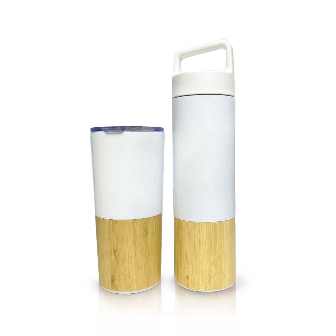 Insulated bamboo drinkware combo, 500ml bottle & 450ml tumbler, in white