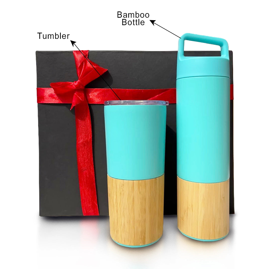 Bamboo and stainless steel drinkware duo in a sleek corporate gift box