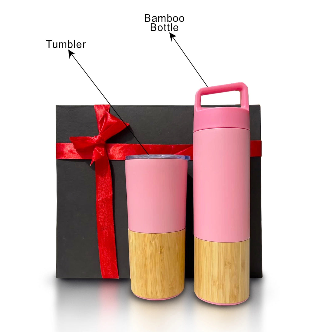 Black box with bamboo bottle and tumbler for eco-conscious corporate gifting