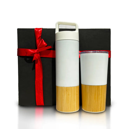 Bamboo beverage set in black box for eco-friendly corporate gifting