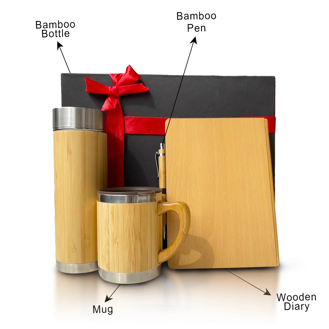 Black eco gift set with bamboo pen, diary, bottle, and mug