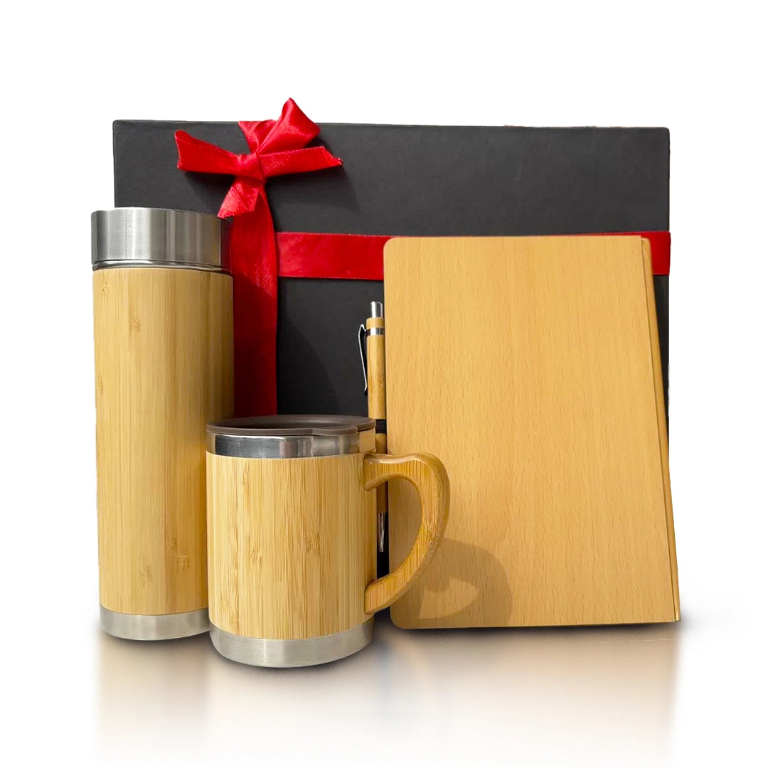 Green living inspired gift set with bamboo products and a stainless steel item