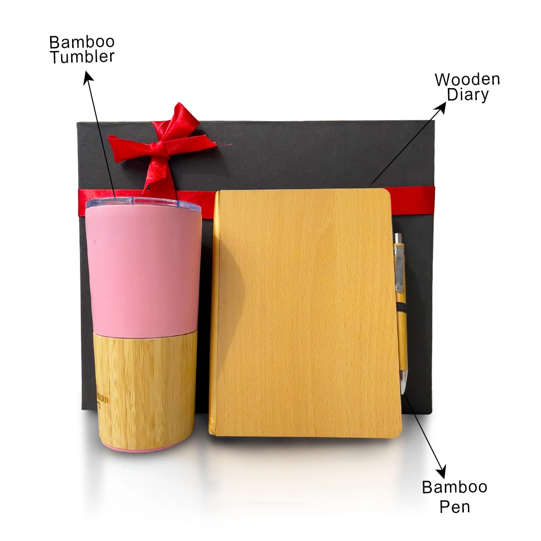 Bamboo wellness gift set with stainless accents