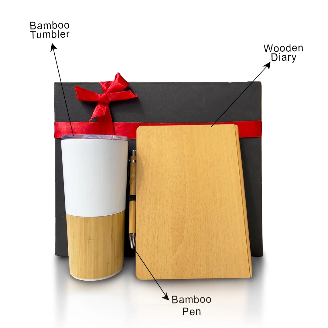 Unique sustainable bamboo tumbler, diary, and pen kit